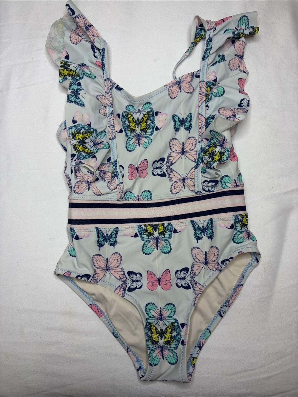 Girls' Butterfly Print Ruffle One-Piece Swimsuit - Light Blue